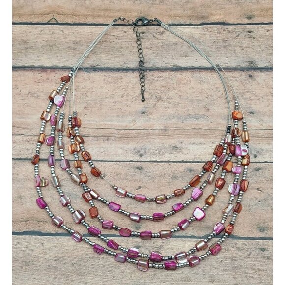 Beachy Silver Tone Pink Dyed Abalone Shell Multi Strand Wire Collar Bib Necklace - Picture 6 of 7